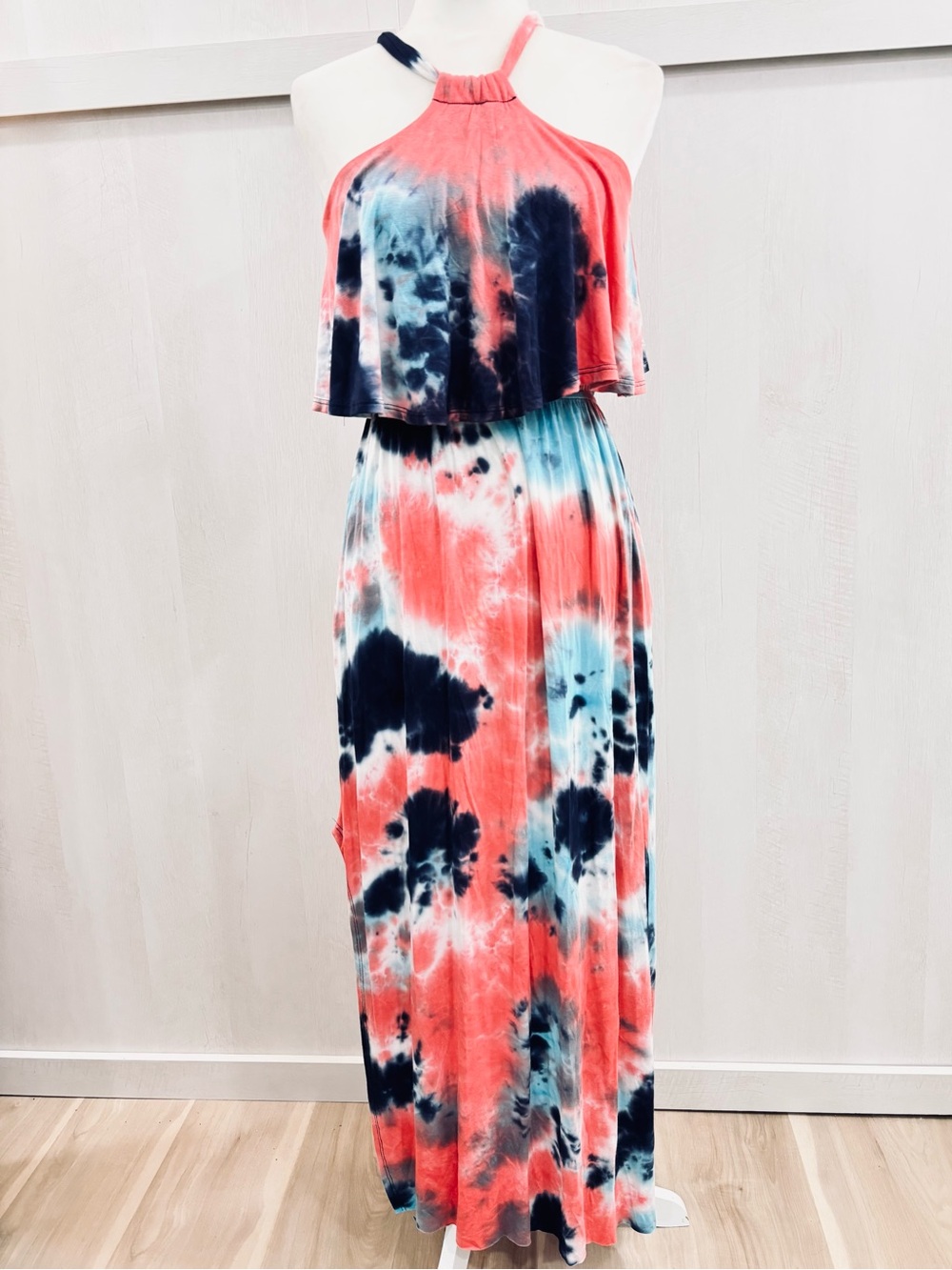 Sweet Lovely by Jen Tie Dye Halter Maxi Dress Pockets Slit M Soft